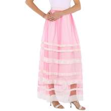 Ladies Bright Pink Floral Lace Trim Tulle Maxi
