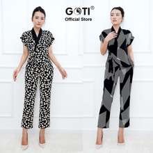 GOTI – Hình Thật – Set Nguyên Bộ Kiểu Áo Cổ Đắp Chéo Quần Ống Suông In Hoạ Tiết - Thời Trang Công Sở Nữ 3366