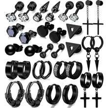 16 Pairs Men 39 S Black Stainless Steel Earrings