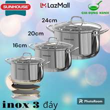 Nồi inox 3 đáy vung kính SHG301-16/20/24cm