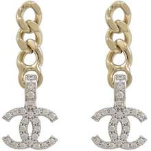 Chanel Khuyên Tai Gold 22s Link Chain Silver Crystal Cc Logo Large Dangle Drop Stud Earrings Màu Vàng