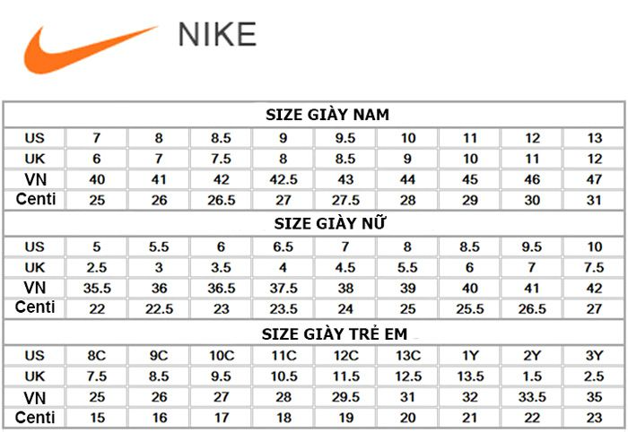 size giay the thao nike